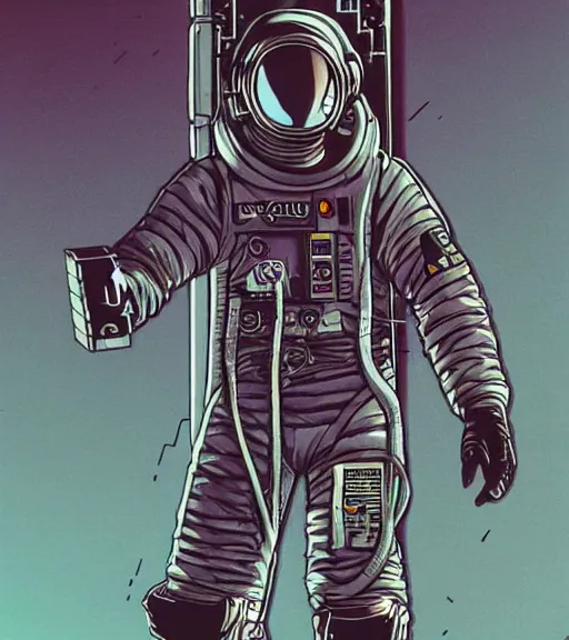 Image similar to cyberpunk astronaut with long limbs on a spacewalk outside of their ship, techwear, Industrial Scifi, detailed illustration, character portrait, by Martin Grip and Moebius