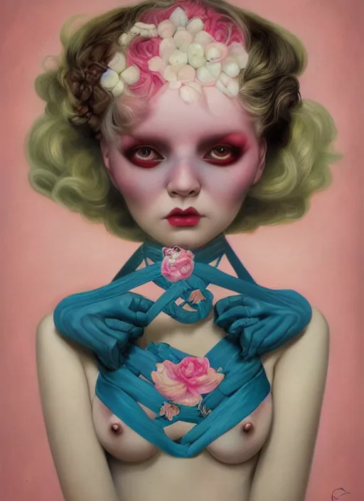 Image similar to pop surrealism, lowbrow art, realistic seductive cute woman painting, pink body harness, japanese shibari with blue flowers, hyper realism, muted colours, rococo, natalie shau, loreta lux, tom bagshaw, mark ryden, trevor brown style,