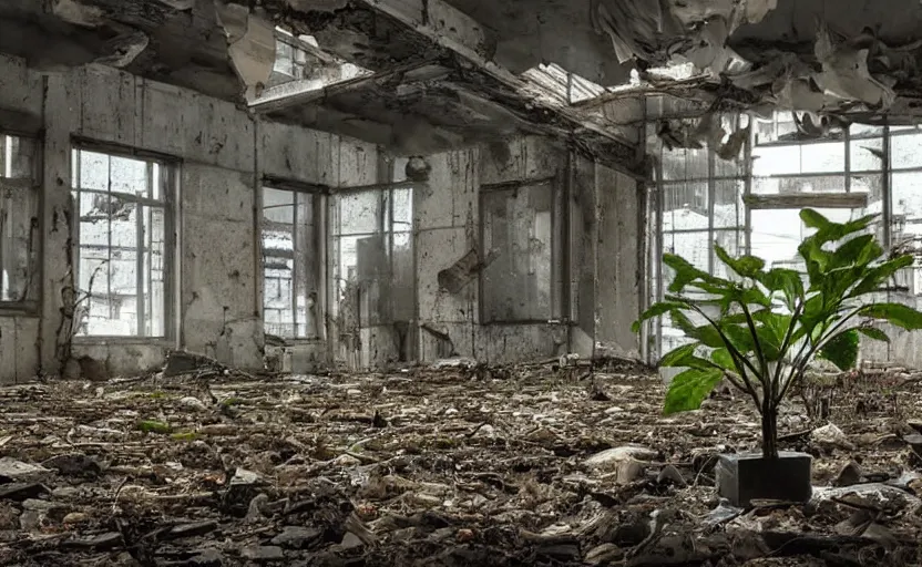 Prompt: earth's last plant inside a glass box in the middle of an abandoned warehouse, apocalyptic, sci - fi