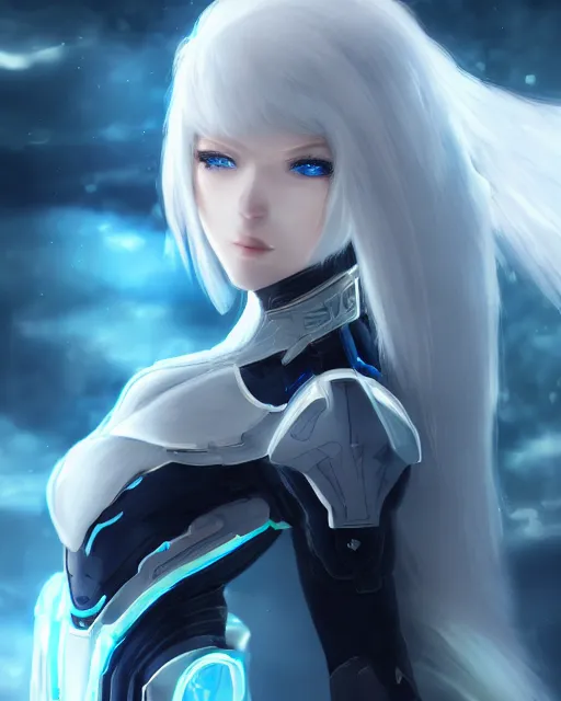 Prompt: perfect white haired girl, warframe armor, beautiful, dreamy, half asian, pretty face, blue eyes, detailed, windy weather, futuristic background, glow, scifi platform, laboratory, experiment, 4 k, ultra realistic, epic lighting, cinematic, high detail, masterpiece, akihito tsukushi