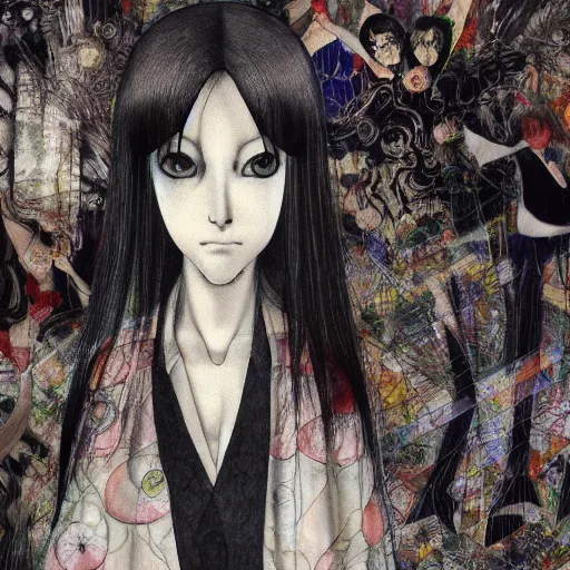 Prompt: yoshitaka amano blurred and dreamy realistic portrait of a woman with black eyes and white hair wearing dress suit with tie, junji ito abstract patterns in the background, satoshi kon anime, noisy film grain effect, highly detailed, renaissance oil painting, weird portrait angle, blurred lost edges, three quarter view