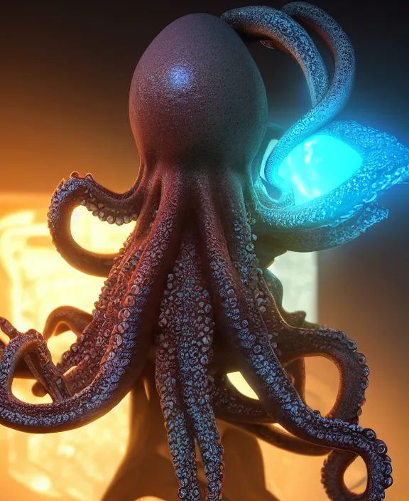 Image similar to a humanoid with an octopus head and man body with several glowing eyes, 4 k resolution, detailed, 3 d render, unreal engine, octane render, trending on artstation