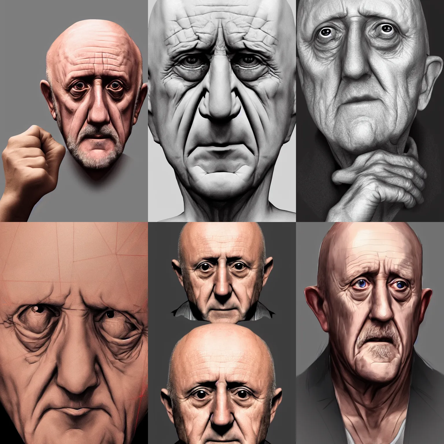 Prompt: mike ehrmantraut\'s face overlayed over a finger, detailed, high-quality digital art trending on Artstation