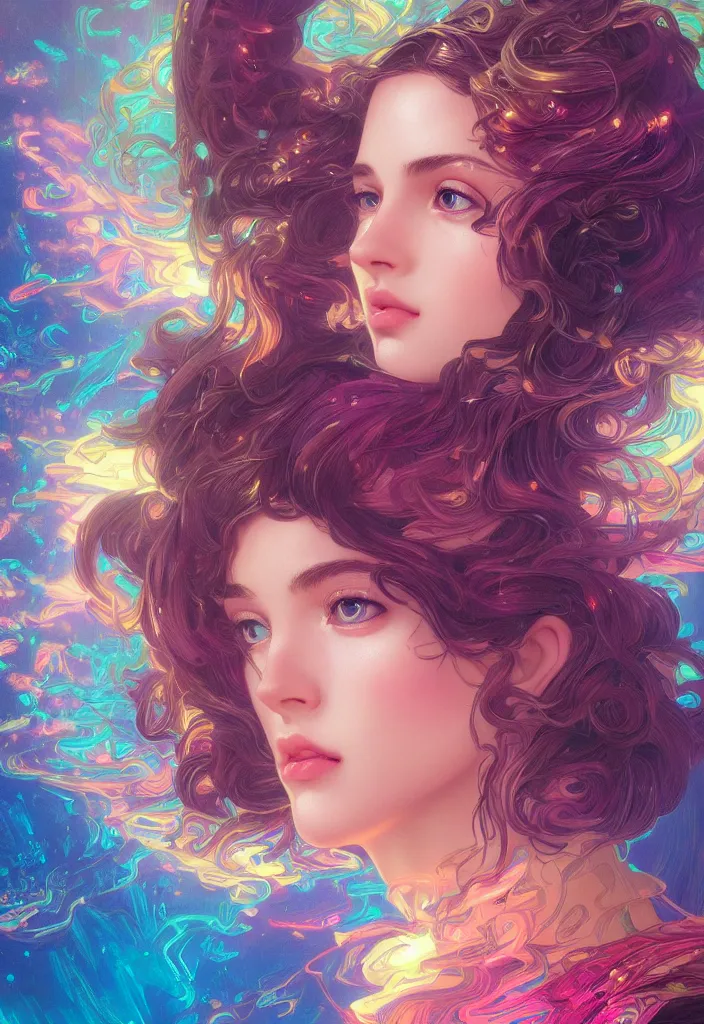 Image similar to beautiful, young woman, detailed gorgeous face, vaporwave aesthetic, synthwave, colorful, psychedelic, artstation, concept art, smooth, extremely sharp detail, finely tuned detail, ultra high definition, 8 k, unreal engine 5, ultra sharp focus, illustration, art by artgerm, greg rutkowski and alphonse mucha