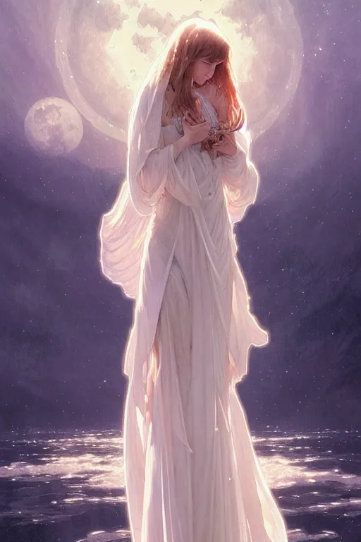 Image similar to Angels in white gauze dresses, the glow of the moonlight, fantasy, intricate, elegant, highly detailed, digital painting, artstation, concept art, matte, sharp focus, illustration, art by Artgerm and Greg Rutkowski and Alphonse Mucha