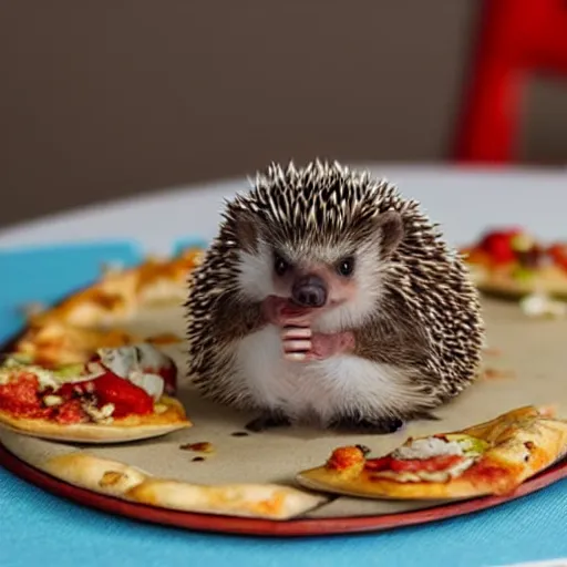 Image similar to still image of an adorable hedgehog sitting at a tiny table eating a tiny pizza, photo