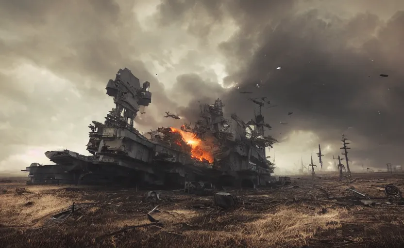 Image similar to an immense steampunk aircraft carrier crashed and burning in a field, thick black smoke billowing, turbulent storm clouds, dystopian, sharp focus, octane render, imax