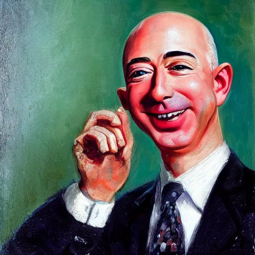 Prompt: “a deliriously happy king jeff bezos, portrait oil painting by Otto Dix, oil on canvas (1921)”