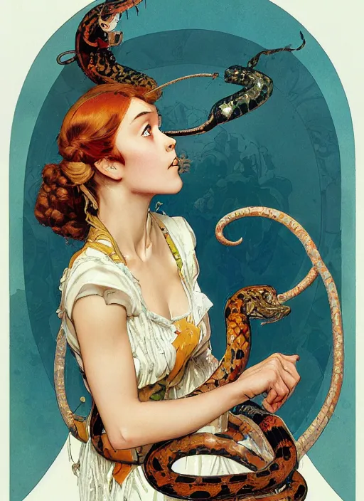 Prompt: an art nouveau copic maker illustration of a russian girl holding a snake by kilian eng, john berkey and norman rockwell