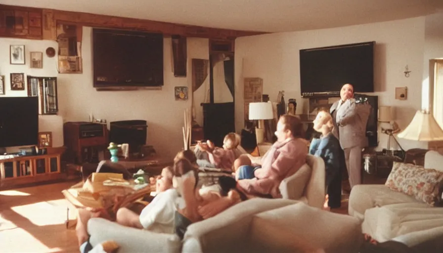 Image similar to 1990s candid 35mm photo of a beautiful day in the living room, cinematic lighting, cinematic look, golden hour, a very large magical salesman is hanging out of the TV and trying to sell the family a car, Sports car in the room, portal energy coming out of the TV, UHD