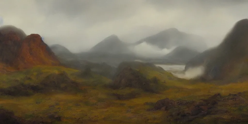 Prompt: painting of rocky highlands covered in mist with a ruined castle in the far distance, overcast sky, muted colors