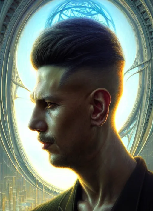 Image similar to closeup portrait shot of a male sleuth in a scenic cyberpunk environment, intricate, elegant, highly detailed, centered, digital painting, artstation, concept art, smooth, sharp focus, illustration, artgerm, tomasz alen kopera, peter mohrbacher, donato giancola, joseph christian leyendecker, wlop, boris vallejo