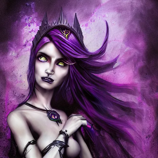 Prompt: high quality dark fantasy painting of a half-elf sorceress, she has purple hair, 35 years old, magical chaotic lights dance around her, dark and ominous background