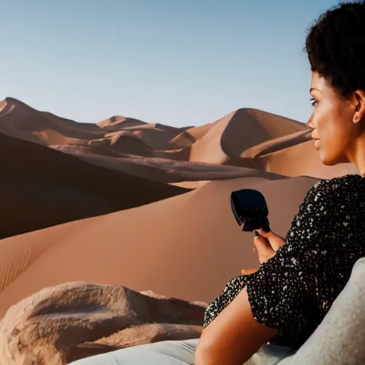 Prompt: a woman watching tv in the desert