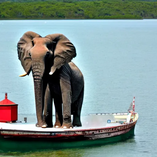 Image similar to an elephant standing on a boat wearing a fisher's hat.