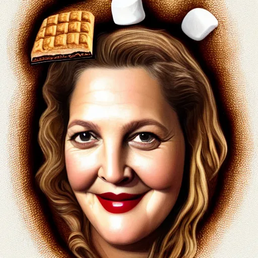 Image similar to drew barrymore in a smore, chocolate, marshmallow graham cracker, digital painting by arcimboldo