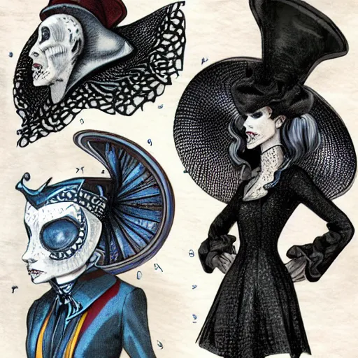 Image similar to clothing design ideas, concept sheet, jester crown tophat,