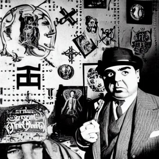 Image similar to Satanic States of America, alternate history, 1930s Chicago gangster, Al Capone, goth Al Capone, occult, 1930s photograph, mafia, Satanic symbols in the background, Great Depression