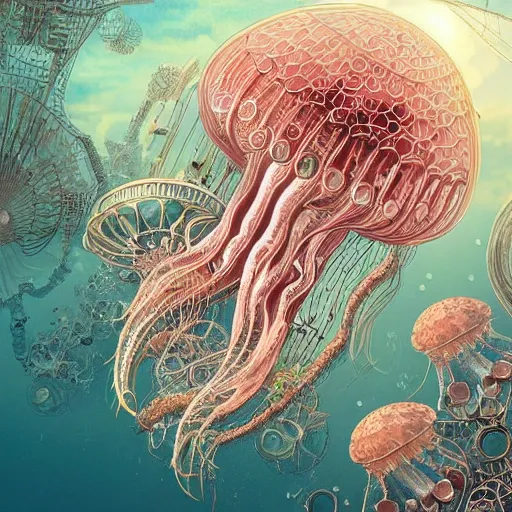 Prompt: hyperdetailed photorealistic! modern childrenbook illustration of a maximalist elaborate voluptuous! elegant! transparent!!! rose and white jellyfish, swimming in the ocean. with interesting steampunk! mechanical details. seen from the distance. transparent soft natural tones