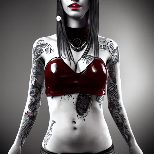 Image similar to Hot young woman, grey skin, void eyeballs, tattoos, wearing leather, digital art, concept art, 4k, 8k