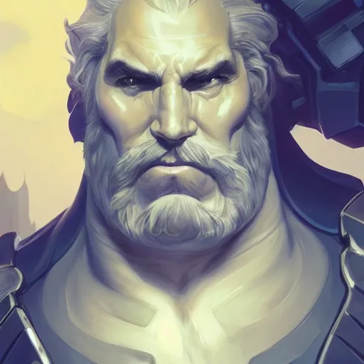 Image similar to science-fiction utopian character portrait of a huge muscular tall giant Reinhardt from Overwatch, long white hair and beard, intricate, wild, highly detailed, digital painting, artstation, upper body, concept art, smooth, sharp focus, illustration, art by artgerm and greg rutkowski and alphonse mucha
