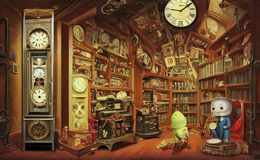 prompthunt: interior of a steampunk clock shop, father time tinkering, old  grandfather clocks everywhere, realistic, very intricate hyper detailed  collage on paper