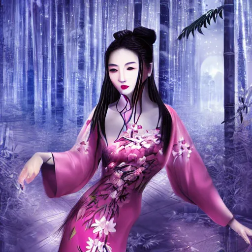 Prompt: photorealistic dramatic fantasy digital painting of a beautiful chinese woman wearing a qipao who is partially transforming into a werepanda, in the moonlit bamboo forest at night. physiological transformation ; hybrid creature that is half panda and half human. highly - detailed professional art.