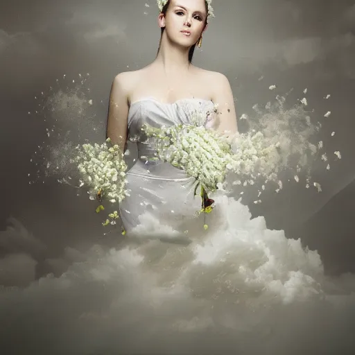 Image similar to a queen with a white large magnificent more and more vaporous ,wrapped ,hight decorated,detailed ,white roses cotton dress shooting surrounded by a bouquet of abstract white flowers and clouds during lightning storm ,surrealism 8k