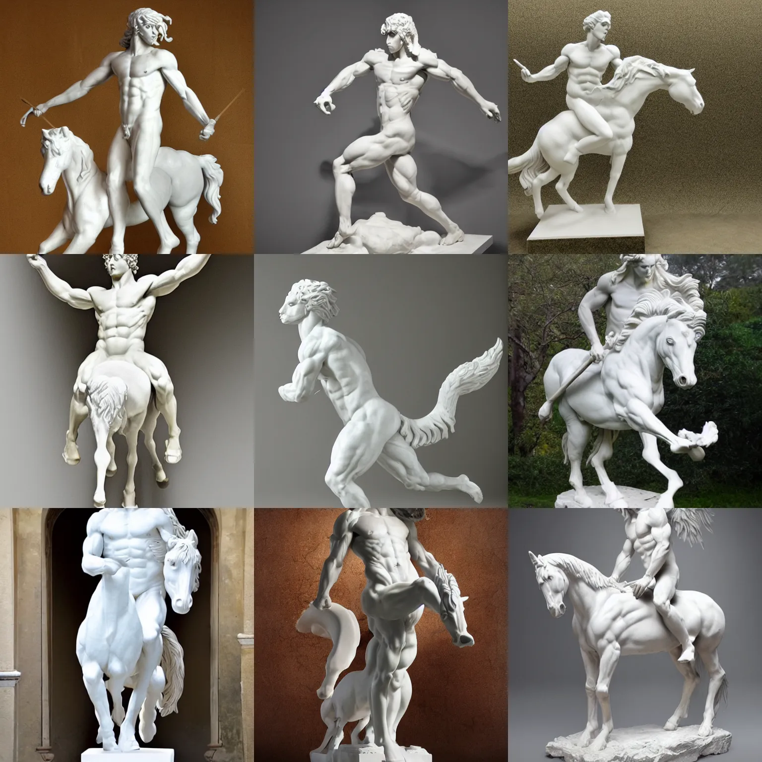 Prompt: studio photo of a white greek statue of a centaur!!! centaur centaur, human horse chimera hybrid, centaur, chiron