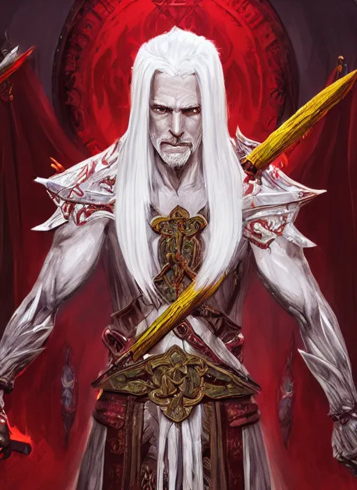 Prompt: a highly detailed illustration of white haired african priest, wearing cross on robe, wielding red blades made of blood, evil standing smiling pose, gothic church background, muscular, intricate, elegant, highly detailed, centered, digital painting, artstation, concept art, smooth, sharp focus, league of legends concept art, WLOP