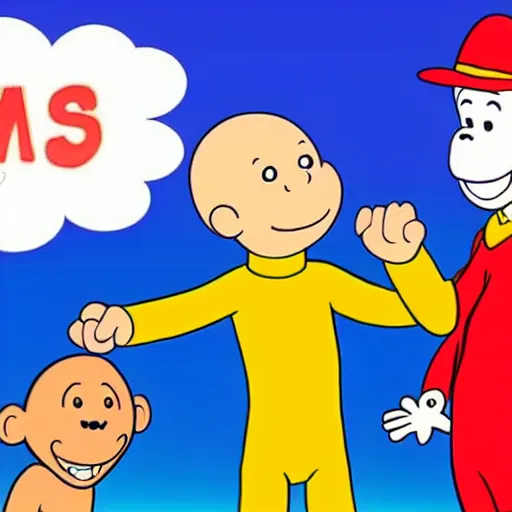 Image similar to curious george slapping caillou in the mouth. pbs cartoon style