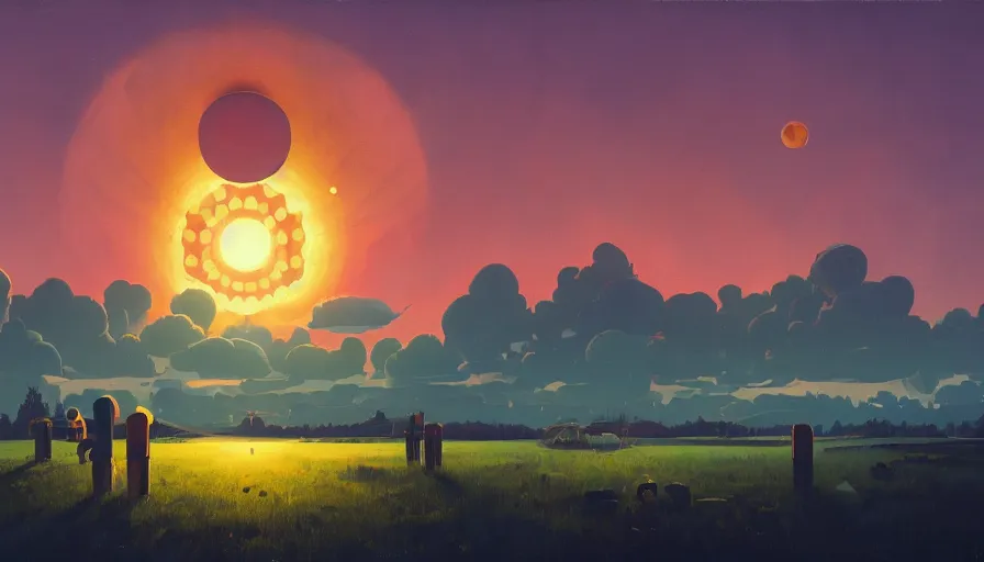 Image similar to hexagons in the sky in front of the sun, simon stalenhag