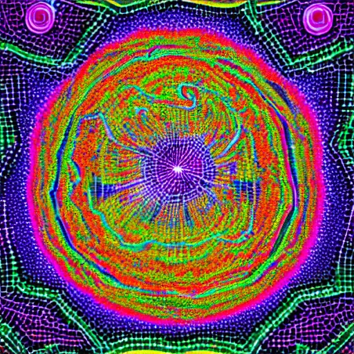 Prompt: An luminescent effervescent interlocking series of recticular nodes driven by vortices singling out a chaotic colorful mosaic premised upon the suffering of all man
