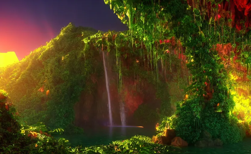 Prompt: a beautiful and stunning professional digital photo of a humongous crystal cave, vines, haze, waterfall, volumetric lighting, hyperrealistic, red, yellow, green, blue, sunset, unreal engine 5, ultra detail