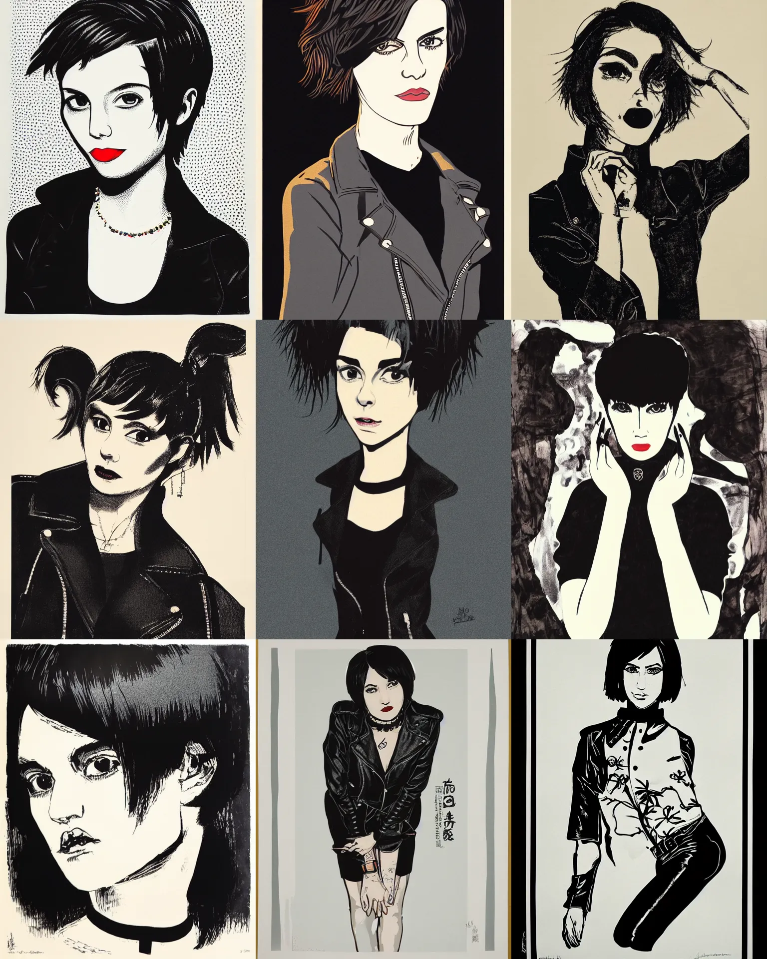 Prompt: A silkscreen print serigraph. Her hair is dark brown and cut into a short, messy pixie cut. She has a slightly rounded face, with a pointed chin, large eyes entirely filled in by black ink, and a small nose. She is wearing a black leather jacket, a black knee-length skirt, a black choker, and black leather boots.