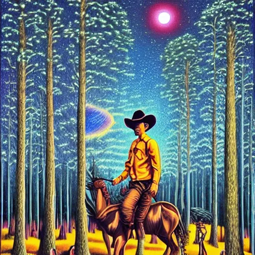 Prompt: psychedelic, trippy, broken cowboy, pine forest, planets, milky way, cartoon by rob gonsalves