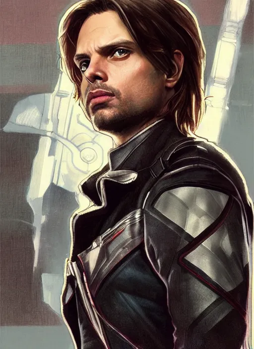 Image similar to sebastian stan as the winter soldier painted by artgerm and greg rutkowski and alphonse mucha