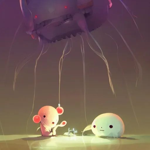Image similar to baby harp seals being eaten by a jellyfish robots on a crystalline alien world, atey ghailan, goro fujita, studio ghibli, scary lighting, clear focus, very coherent