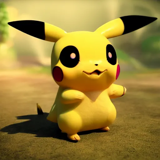 Image similar to nymph render of a very cute 3d pikachu pokemon, adorable eyes, cute smile, full round face, golden hour, serene room setting, medium shot, mid-shot, highly detailed, trending on Artstation, Unreal Engine 4k