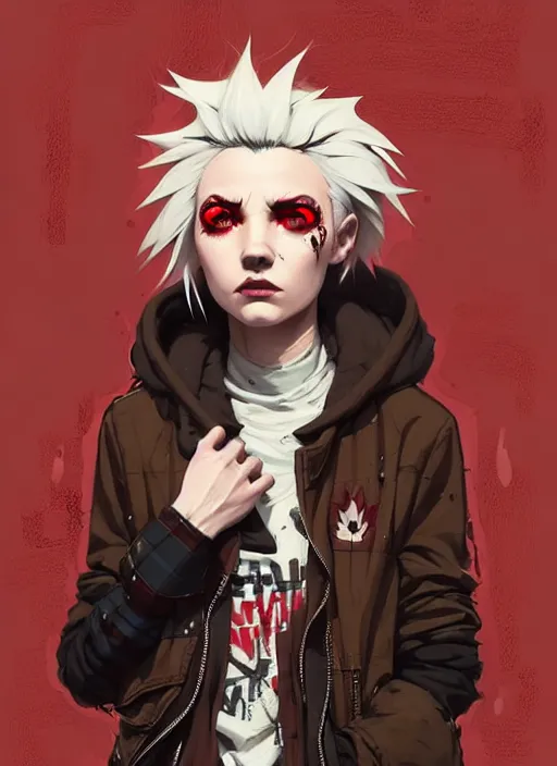 Image similar to highly detailed portrait of a sewer punk canadian lady, tartan hoody, white hair by atey ghailan, by greg rutkowski, by greg tocchini, by james gilleard, by joe fenton, by kaethe butcher, gradient red, brown, blonde cream and white color scheme, grunge aesthetic!!! ( ( graffiti tag wall background ) )