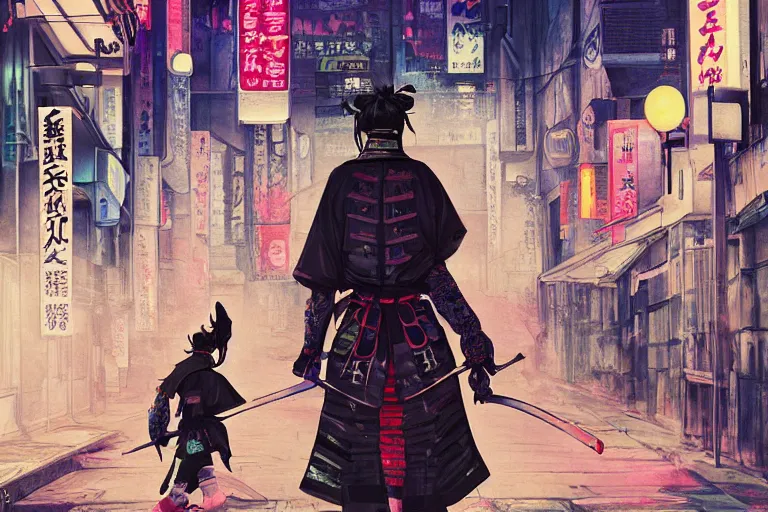 Image similar to neon japanese samurai walking in the streets of modern tokyo, illustration painting, intricate, detailed illustration, hd, digital art, overdetailed art, concept art, complementing colors, detailed, illustration painting by leonardo da vinci, digital art, overdetailed art, concept art, complementing colors rendered by beeple, syd meade,