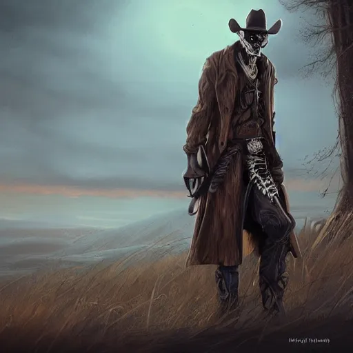 Prompt: a wounded skeleton cowboy in a long coat watching a sunset, concept art, DeviantArt, art station, illustration, highly detailed, artwork, cinematic, hyper realistic