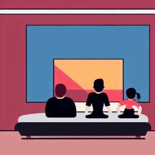 Prompt: simplified very stylistic modern vector drawings a family watching tv, flat colors, modern - art - vector, adobe illustrator