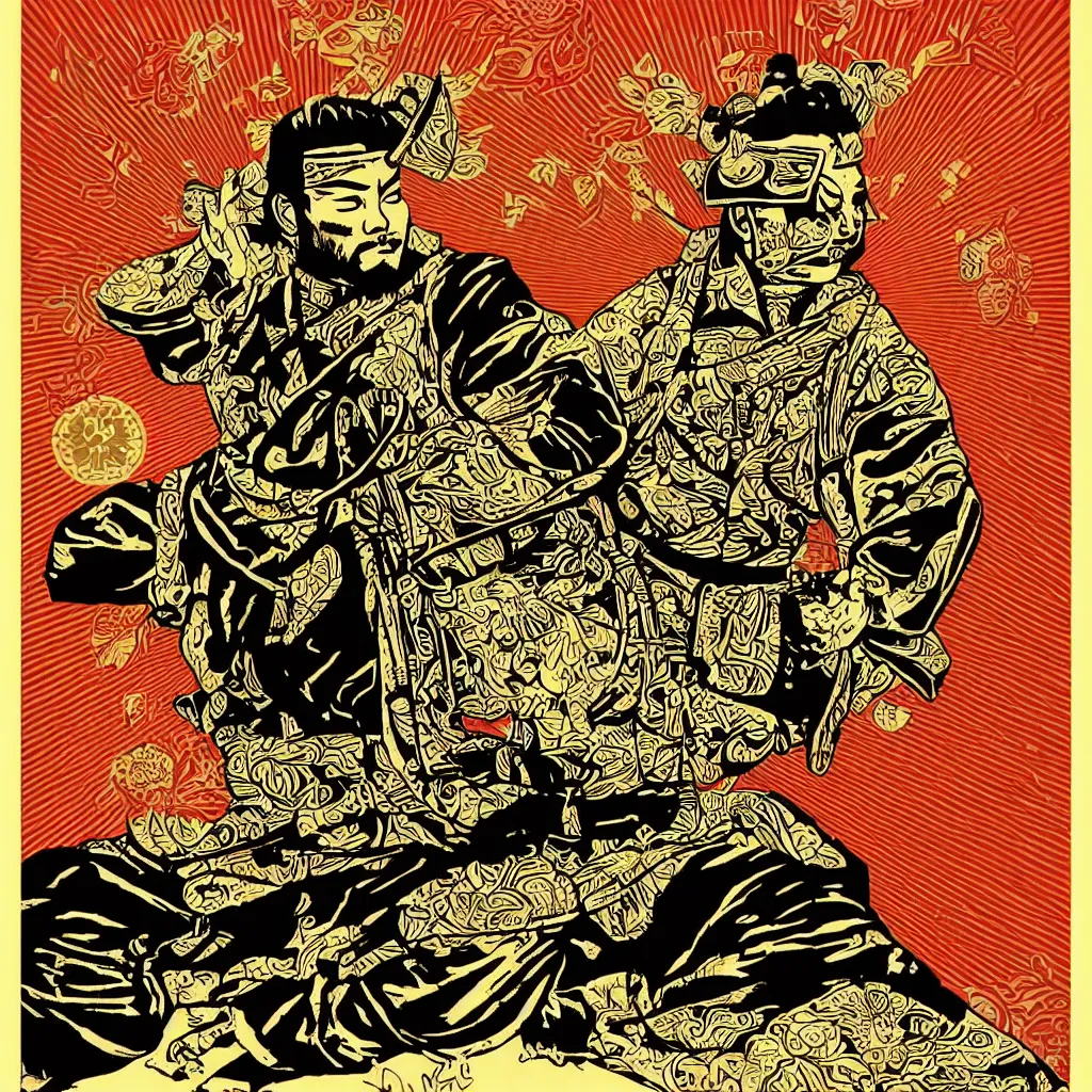 Image similar to poster of a beautiful meditating samurai by shepard fairey