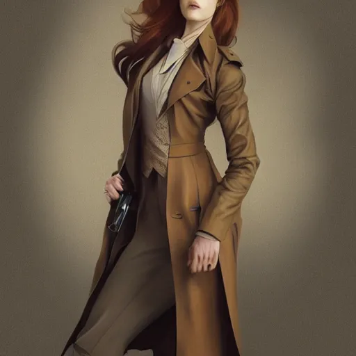 Image similar to full figure ultra realistic illustration, evan rachel wood with brown hair and bangs, wearing a brown trench coat, intricate, elegant, highly detailed, digital painting, artstation, concept art, smooth, sharp focus, illustration, art by artgerm and greg rutkowski and alphonse mucha