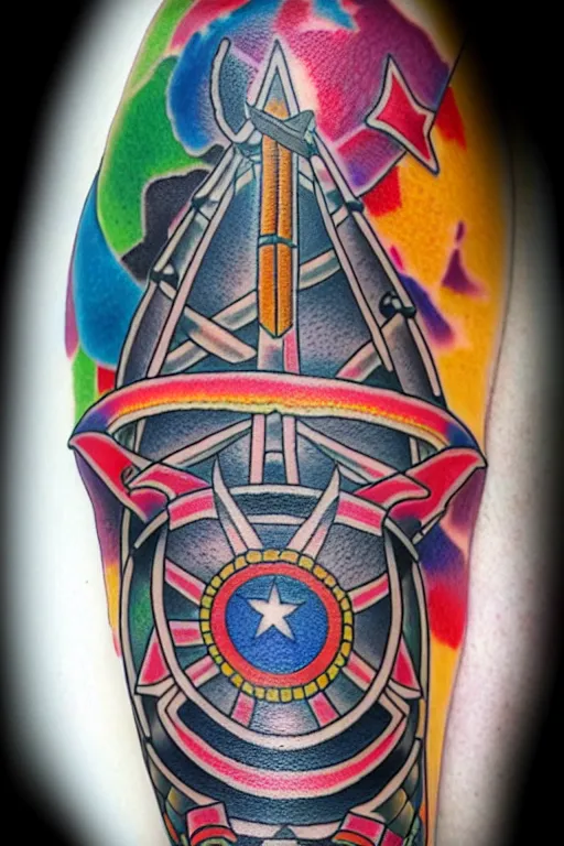 Image similar to American traditional tattoo of a sailor, detailed line work, bright colors, tattoo by Tony BLUEARMS