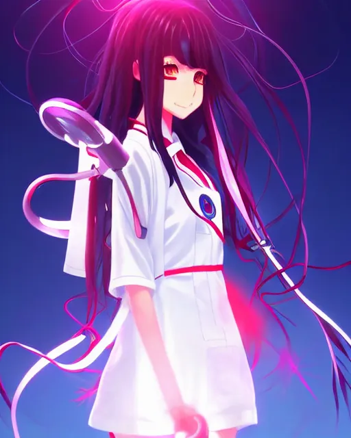 Image similar to anime style, vivid, expressive, full body, 4 k, painting, a cute magical girl with a long wavy black hair wearing a nurse outfit, stunning, realistic light and shadow effects, centered, simple background, studio ghibly makoto shinkai yuji yamaguchi