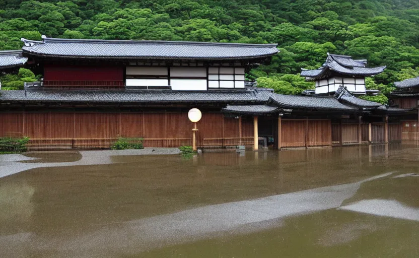 Prompt: A japanese village in pouring rain