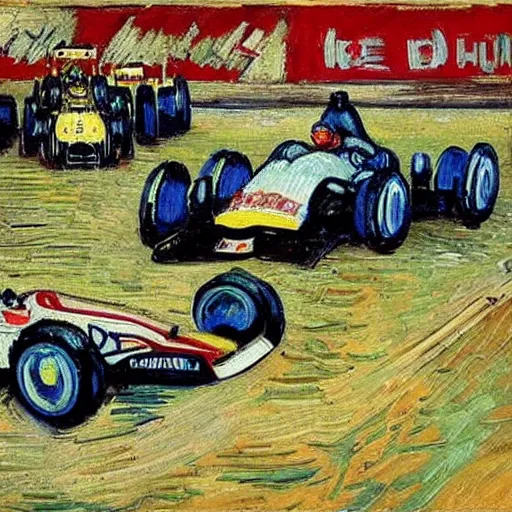 Image similar to formula 1 racing as painted by van gogh, surreal and detailed