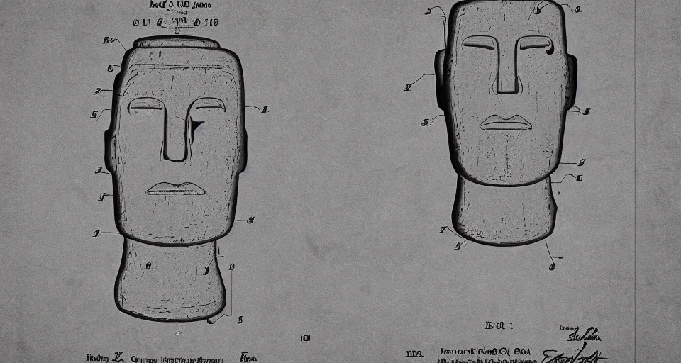 Image similar to moai head patent drawing, photorealistic